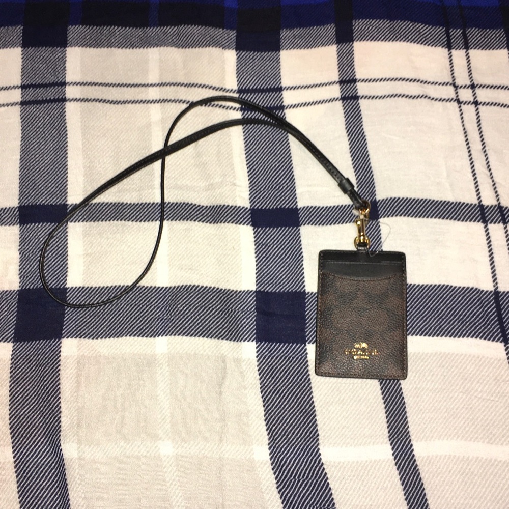 Coach Dark Brown Signature ID Card Lanyard W/ Gold Hardware & Detachable Strap